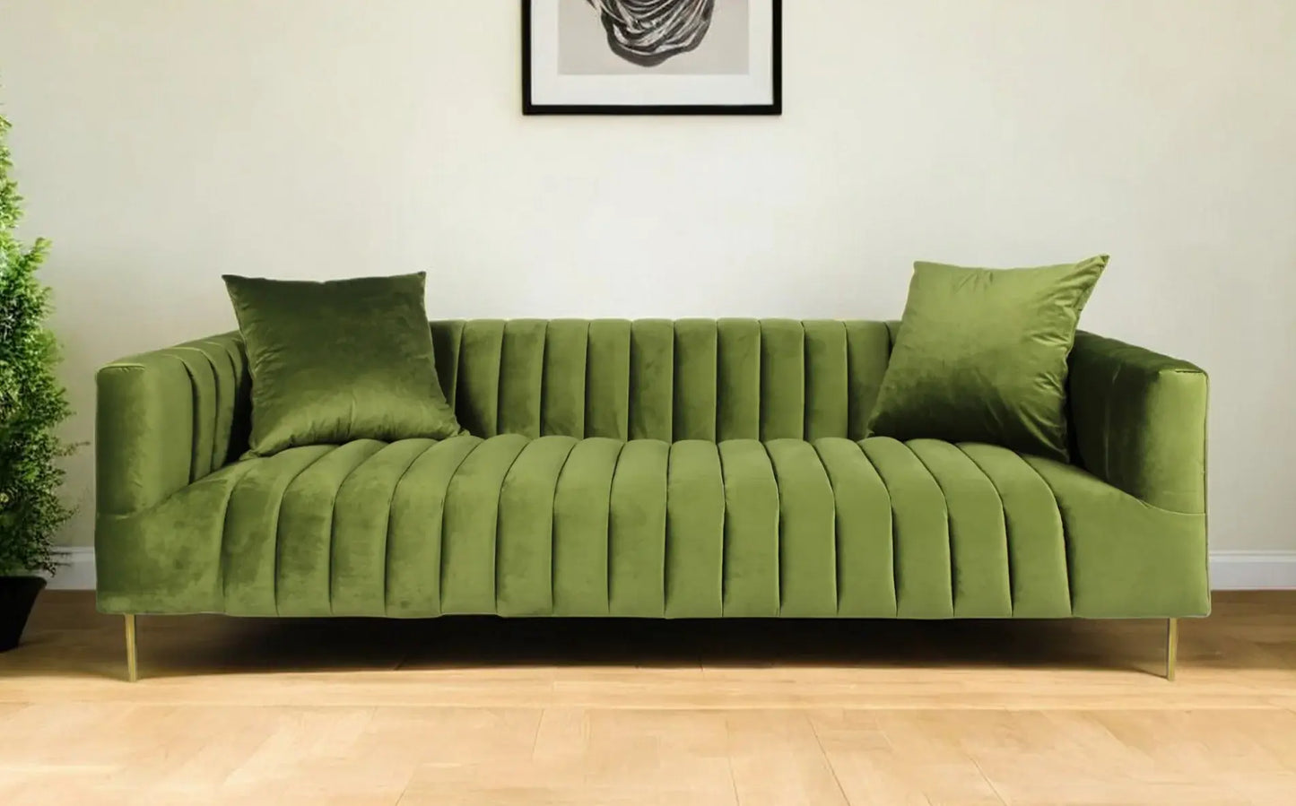 90" Olive Green Velvet Sofa And Toss Pillows With Gold Legs - Homeroots - Flyclothing LLC