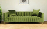 90" Olive Green Velvet Sofa And Toss Pillows With Gold Legs - Homeroots - Flyclothing LLC