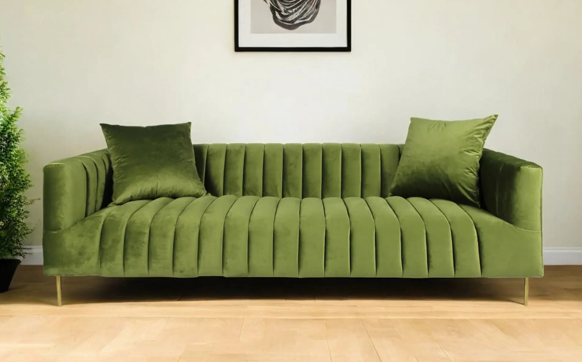 90" Olive Green Velvet Sofa And Toss Pillows With Gold Legs - Homeroots - Flyclothing LLC