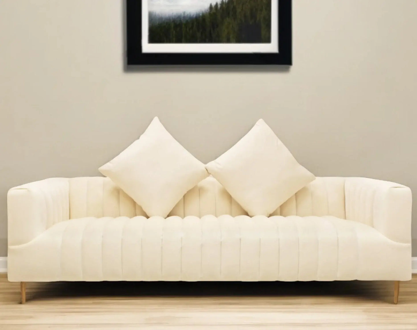 90" Ivory Velvet Sofa And Toss Pillows With Gold Legs - Homeroots - Flyclothing LLC