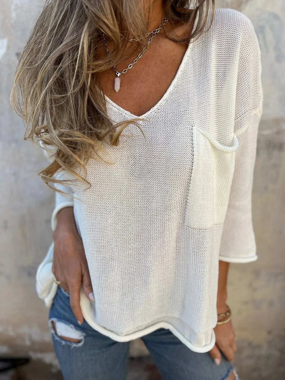 Full Size Casual V-Neck Knit Sweater Plus Size - Trendsi - Flyclothing LLC