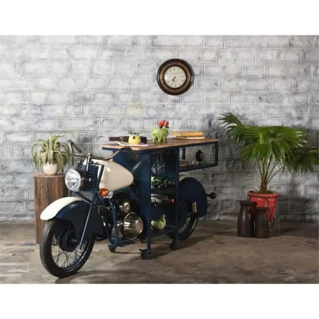 Blue and White Metal And Solid Wood Rolling Bar Cart With Wine Storage - Homeroots - Flyclothing LLC