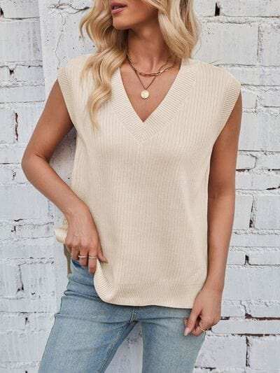 Lovelet Ribbed V-Neck Slit Sweater Vest - Trendsi - Flyclothing LLC