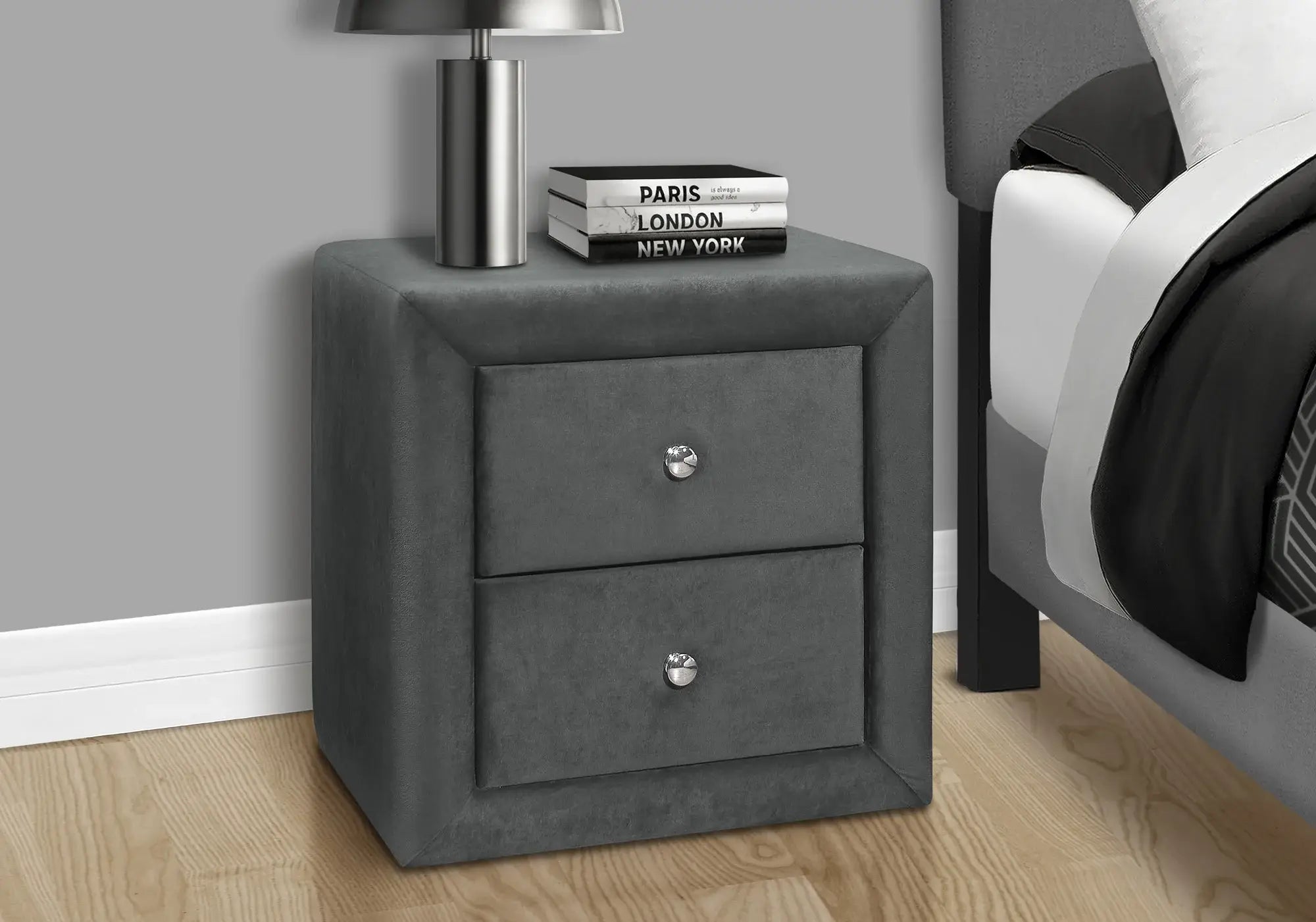 21" Dark Gray Velvet Two Drawer Nightstand - Homeroots - Flyclothing LLC