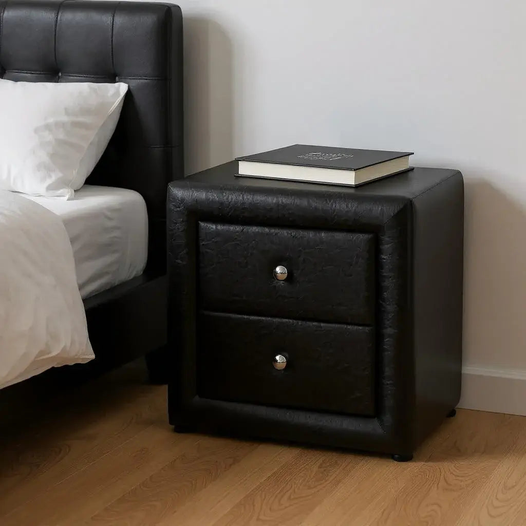 21" Black Faux Leather Two Drawer Nightstand - Homeroots - Flyclothing LLC