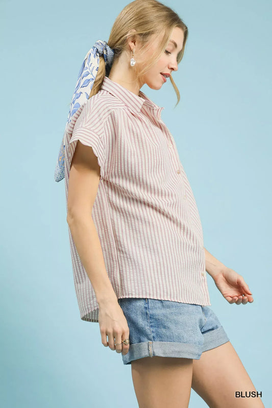Umgee Striped Button-Down Top with Scallop Sleeves - Trendsi - Flyclothing LLC