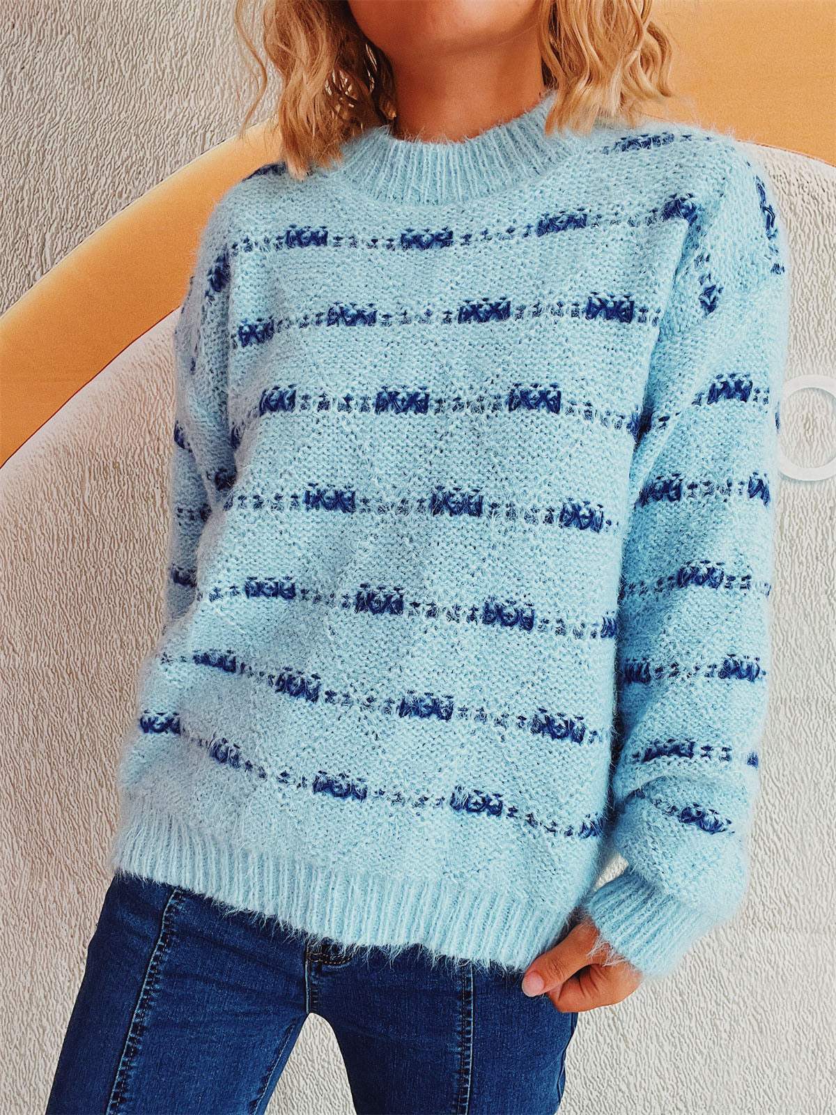 Striped Round Neck Long Sleeve Sweater - Trendsi - Flyclothing LLC