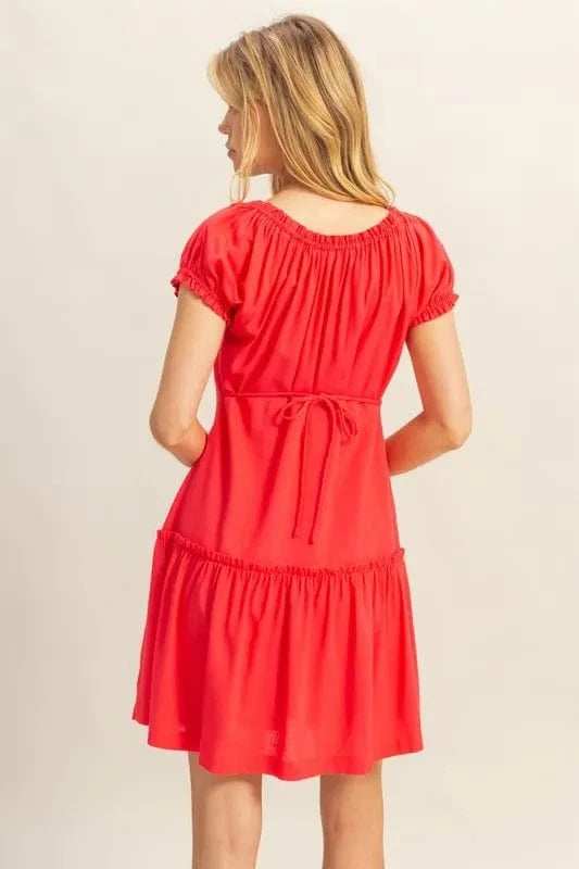 HYFVE Ruched Frill Tiered Short Sleeve Mini Dress - Trendsi - Flyclothing LLC