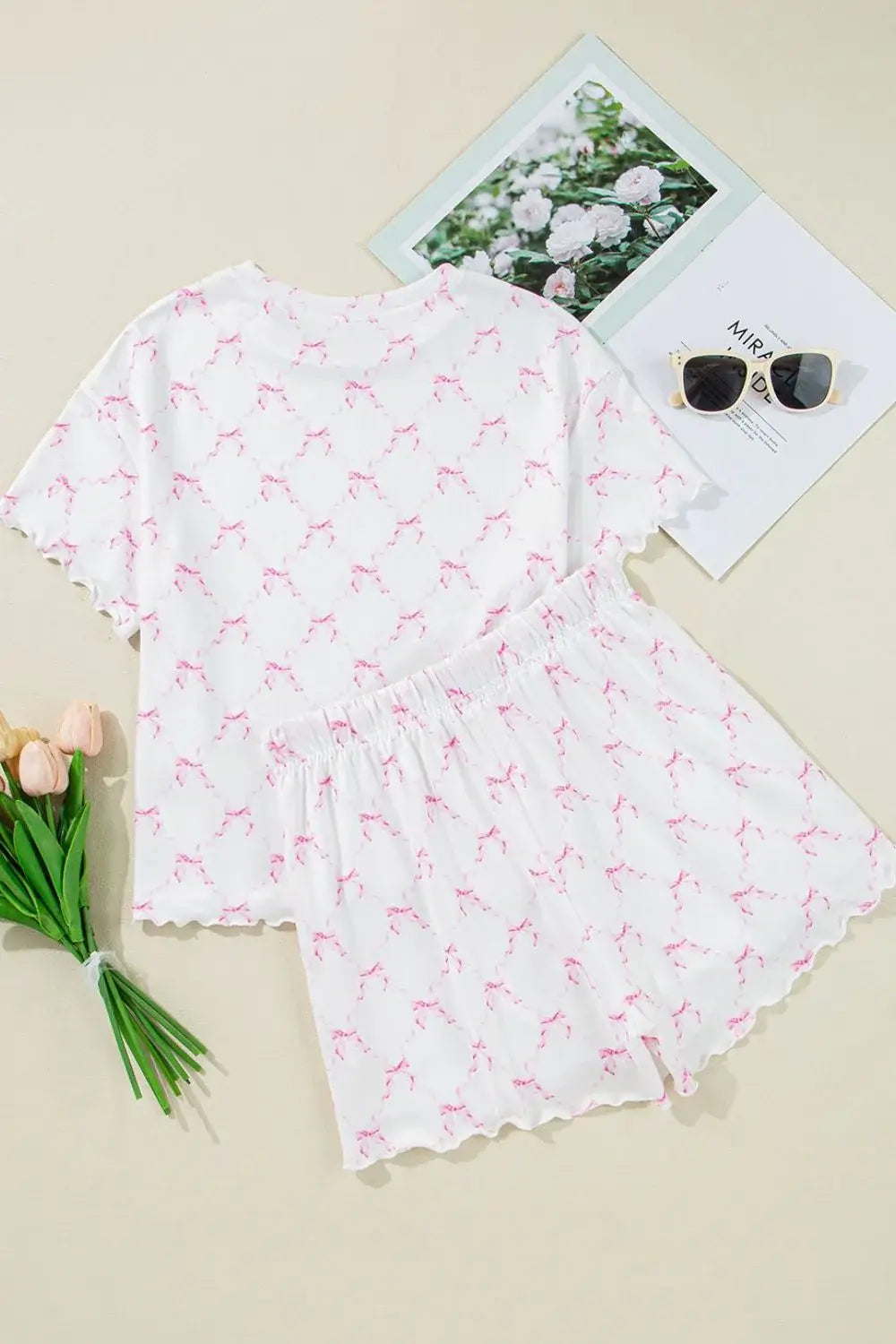 Bow Print Lettuce Trim Round Neck Top and Shorts Lounge Set - Trendsi - Flyclothing LLC