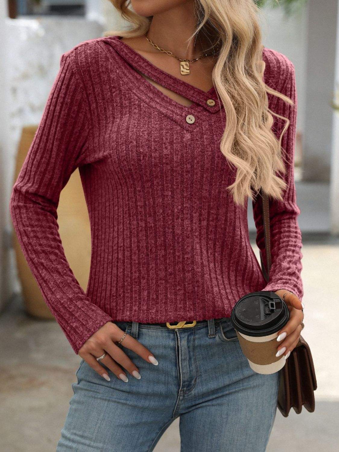 Ribbed V-Neck Long Sleeve T-Shirt - Trendsi - Flyclothing LLC