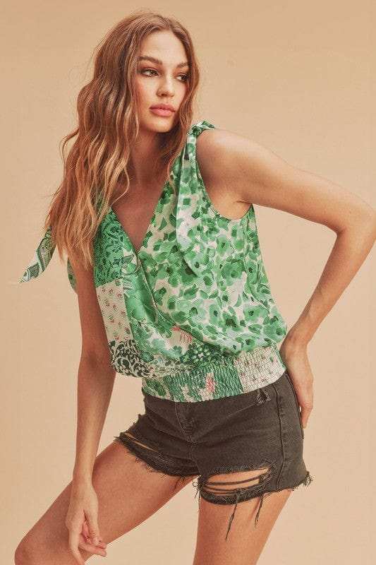 Aemi + Co Smocked Hem Printed Surplice Tank - Trendsi - Flyclothing LLC