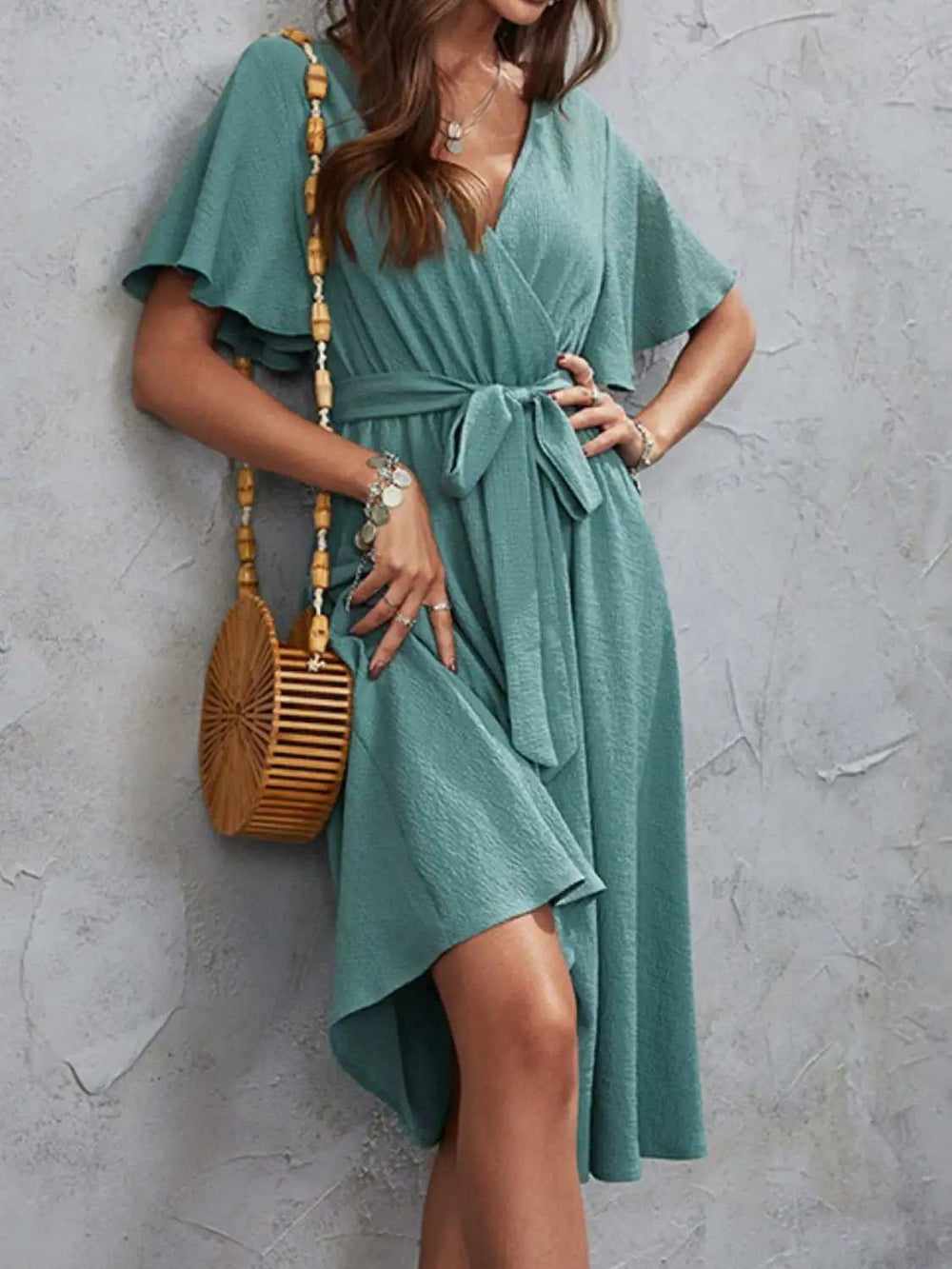 Surplice Flutter Sleeve Midi Dress - Trendsi - Flyclothing LLC