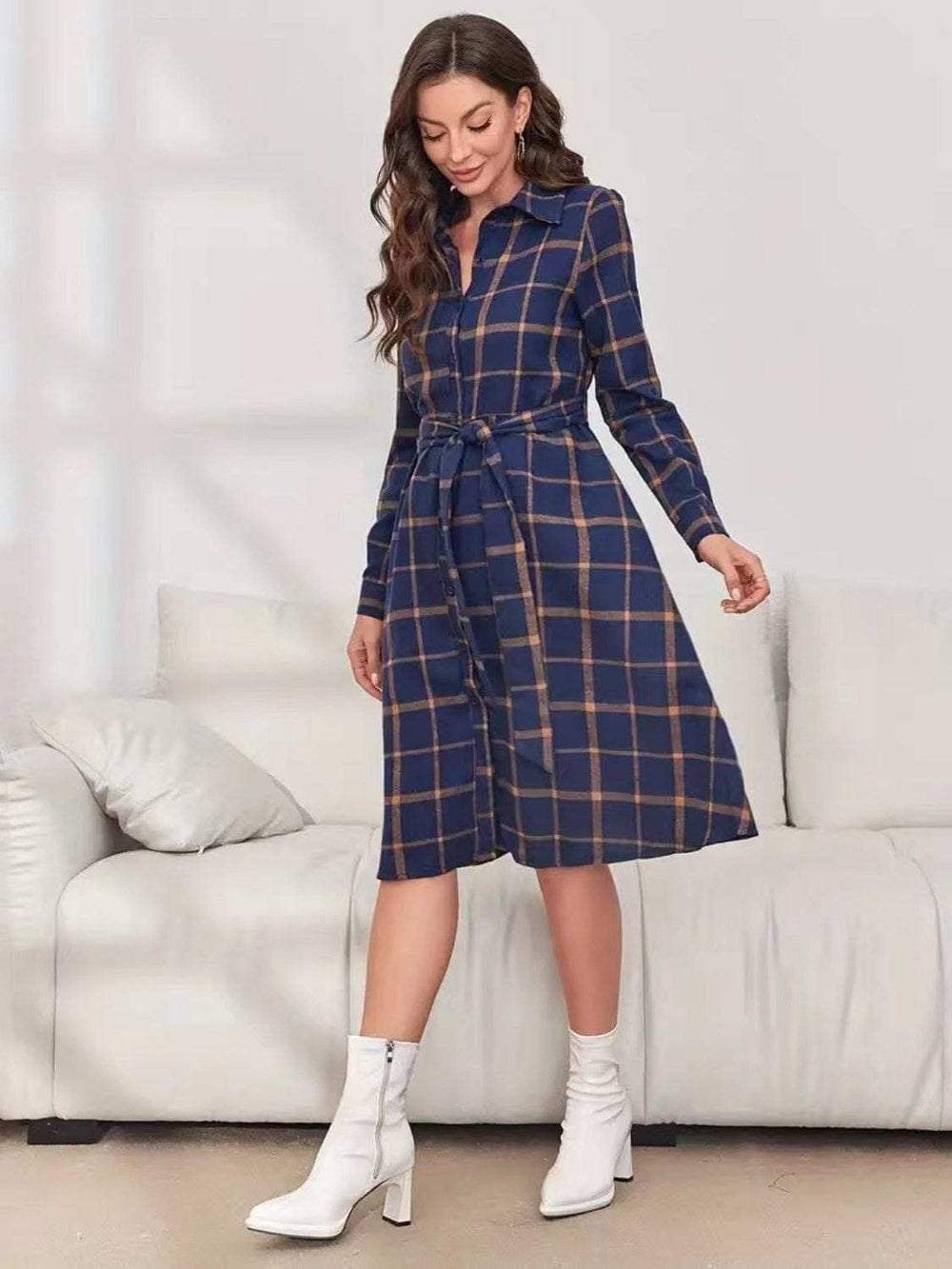 Plaid Tie Waist Long Sleeve Dress - Trendsi - Flyclothing LLC