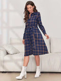 Plaid Tie Waist Long Sleeve Dress - Trendsi - Flyclothing LLC