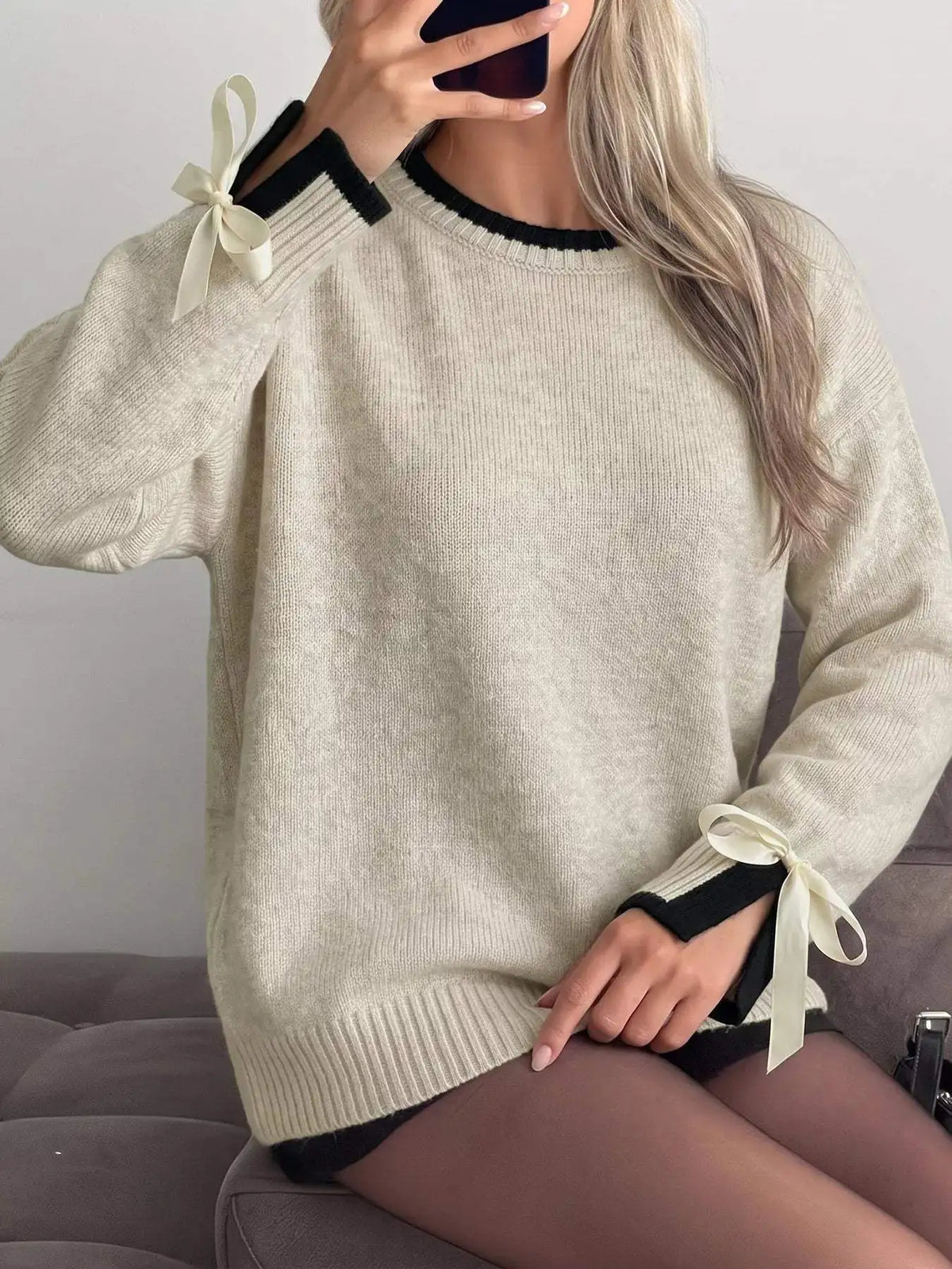 Contrast Trim Ribbed Cuff Tie-Sleeve Sweater - Trendsi - Flyclothing LLC