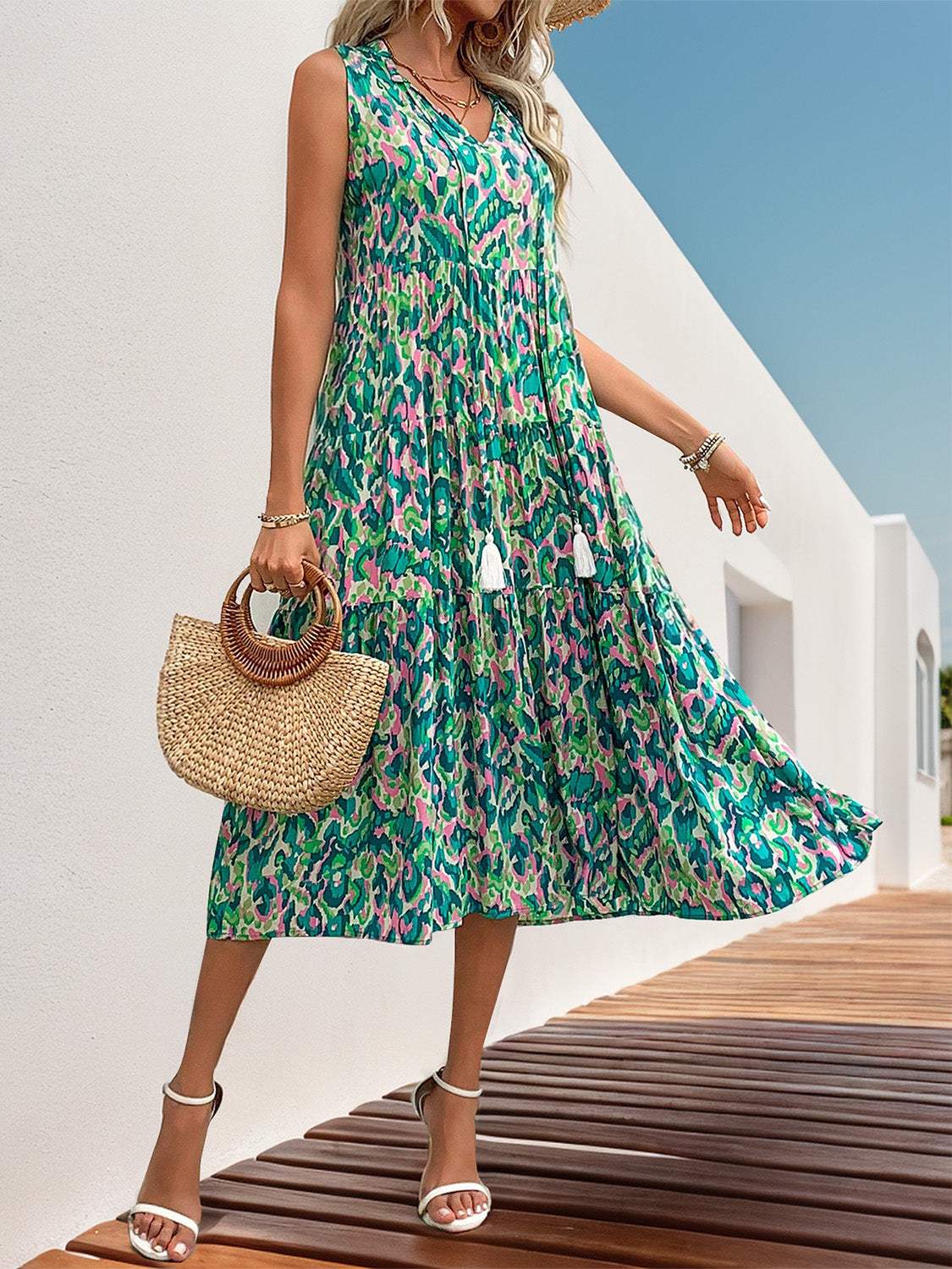 Tassel Printed Tie Neck Sleeveless Dress - Trendsi - Flyclothing LLC
