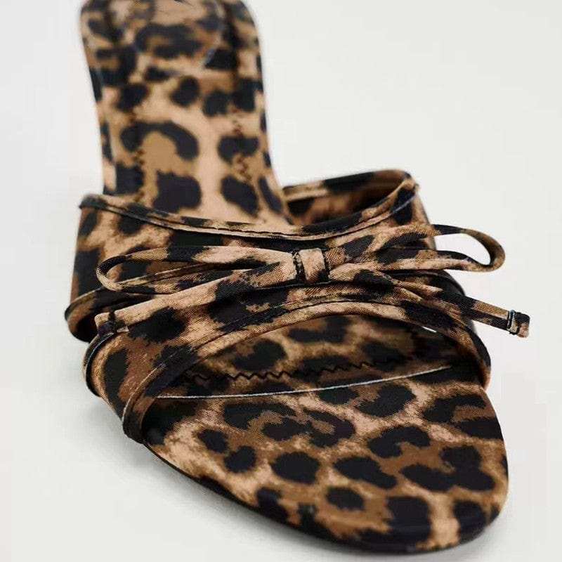 Bow Leopard Kitten Heel Sandals - Trendsi - Flyclothing LLC