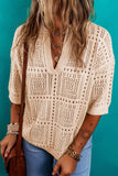 Openwork Johnny Collar Half Sleeve Knit Top - Trendsi - Flyclothing LLC