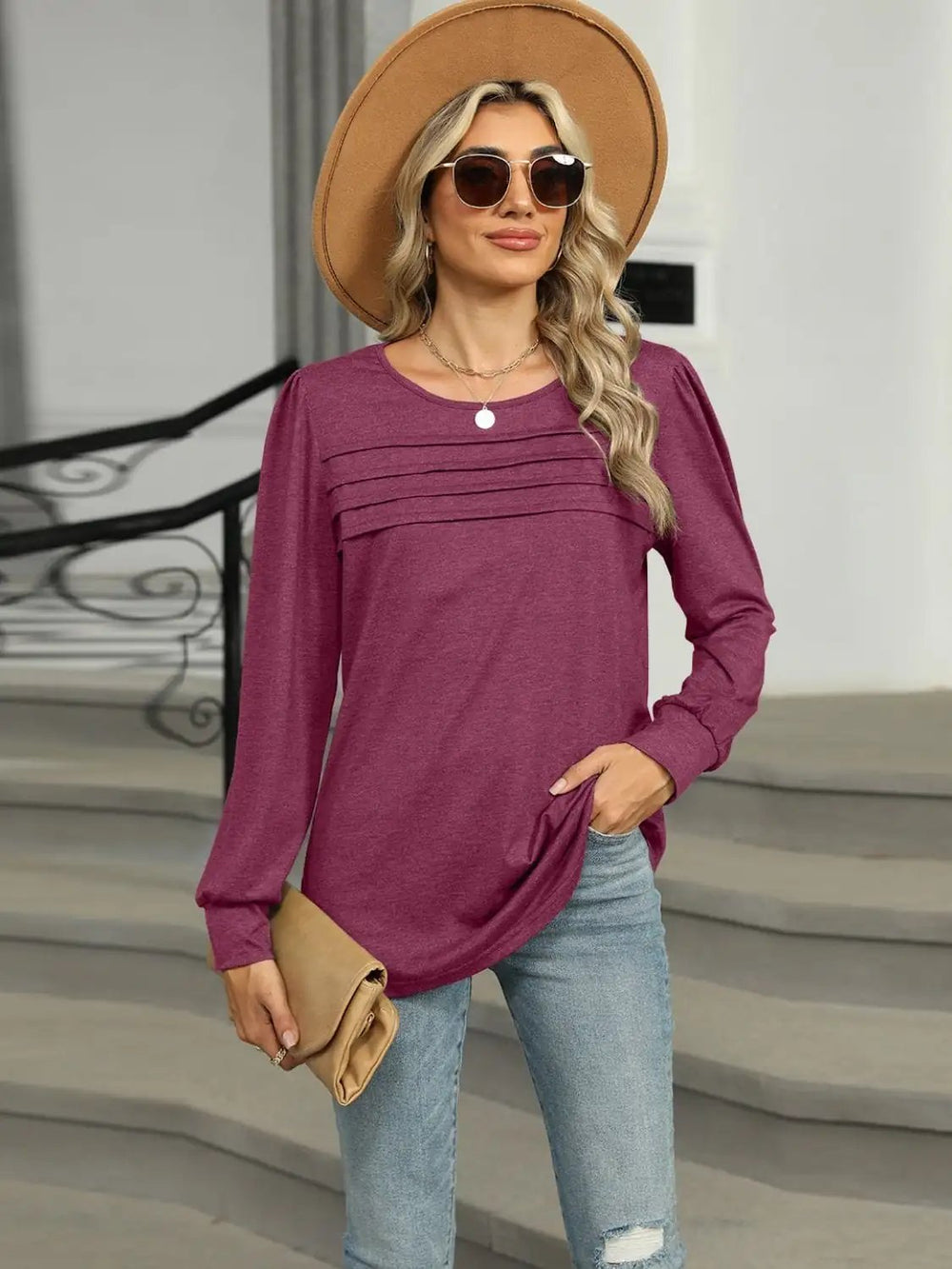 Round Neck Long Sleeve T-Shirt - Trendsi