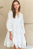 ADORA Lace Detail Tiered Eyelet V-Neck Babydoll Dress - Trendsi
