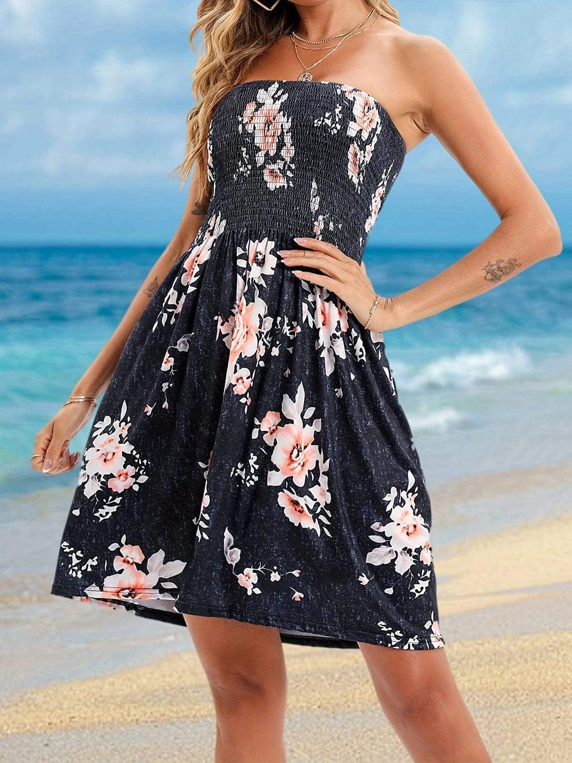 Full Size Smocked Printed Tube Mini Dress - Trendsi - Flyclothing LLC