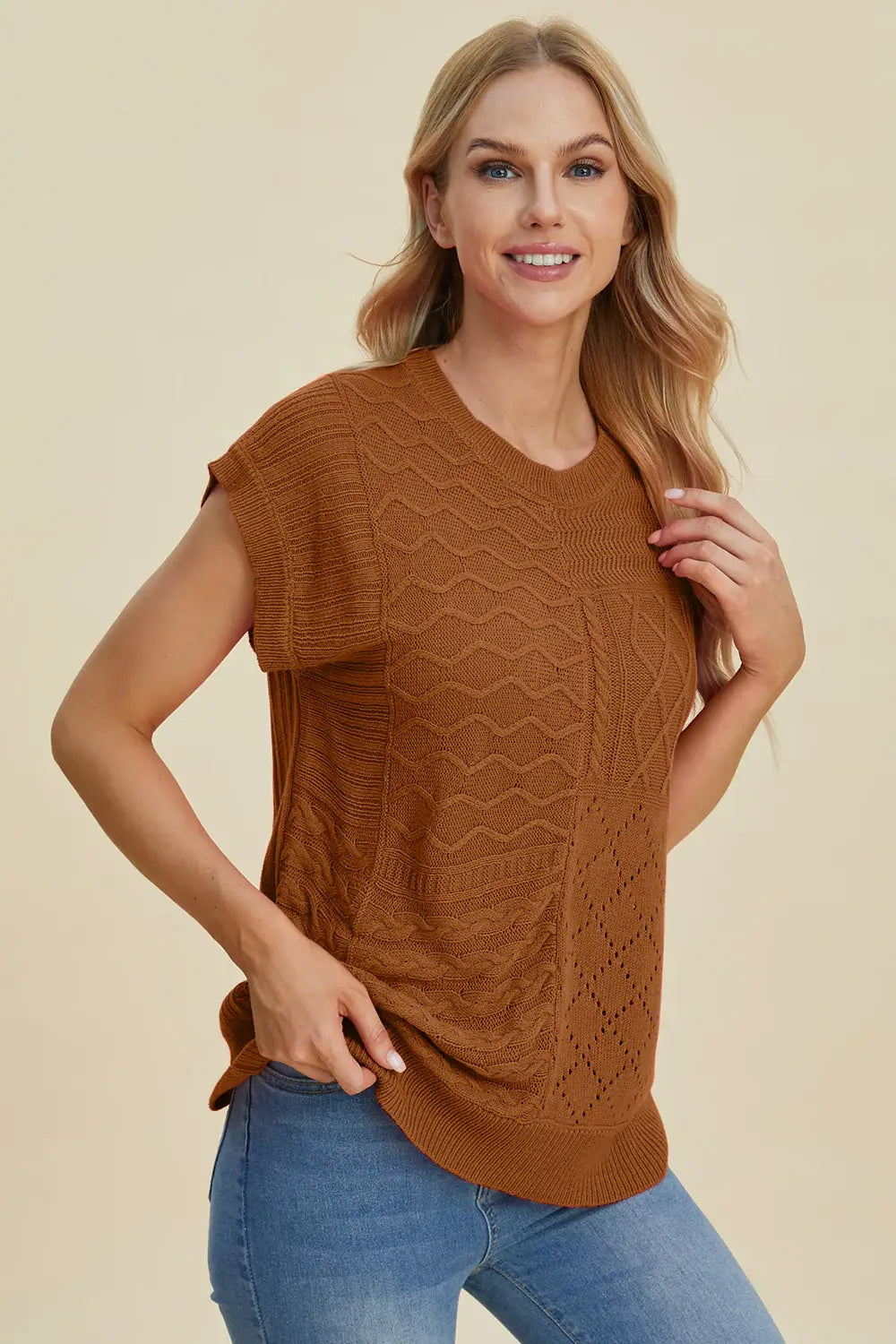 Double Take Full Size Cable-Knit Round Neck Cap Sleeve Sweater - Trendsi - Flyclothing LLC