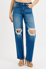 RISEN Full Size Mid Waist Fit Boyfriend Knee Distressed Jeans Plus Size - Trendsi - Flyclothing LLC