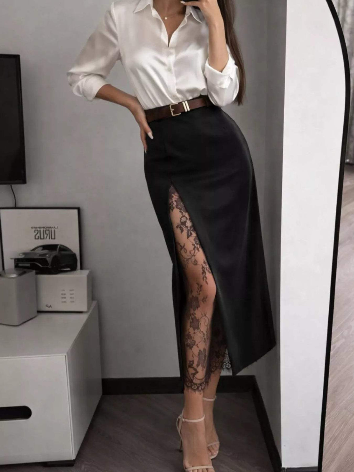 Elegant Lace-Trimmed Slit A-Line Skirt - Trendsi - Flyclothing LLC