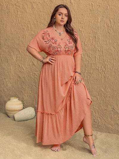 Plus Size Frill Embroidered V-Neck Half Sleeve Maxi Dress - Trendsi - Flyclothing LLC