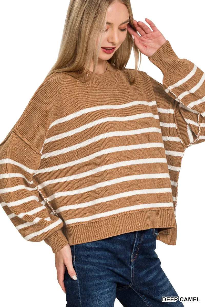 Zenana Exposed Seam Striped Oversized Sweater - Trendsi - Flyclothing LLC