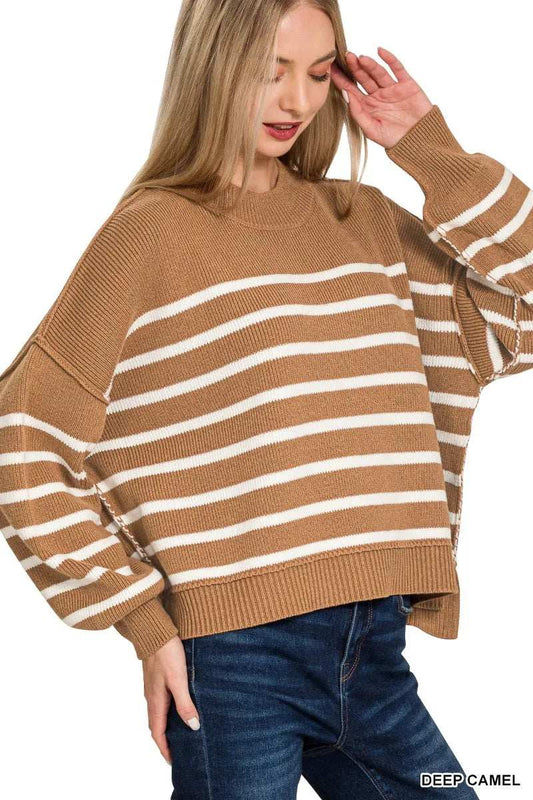 Zenana Exposed Seam Striped Oversized Sweater - Trendsi - Flyclothing LLC