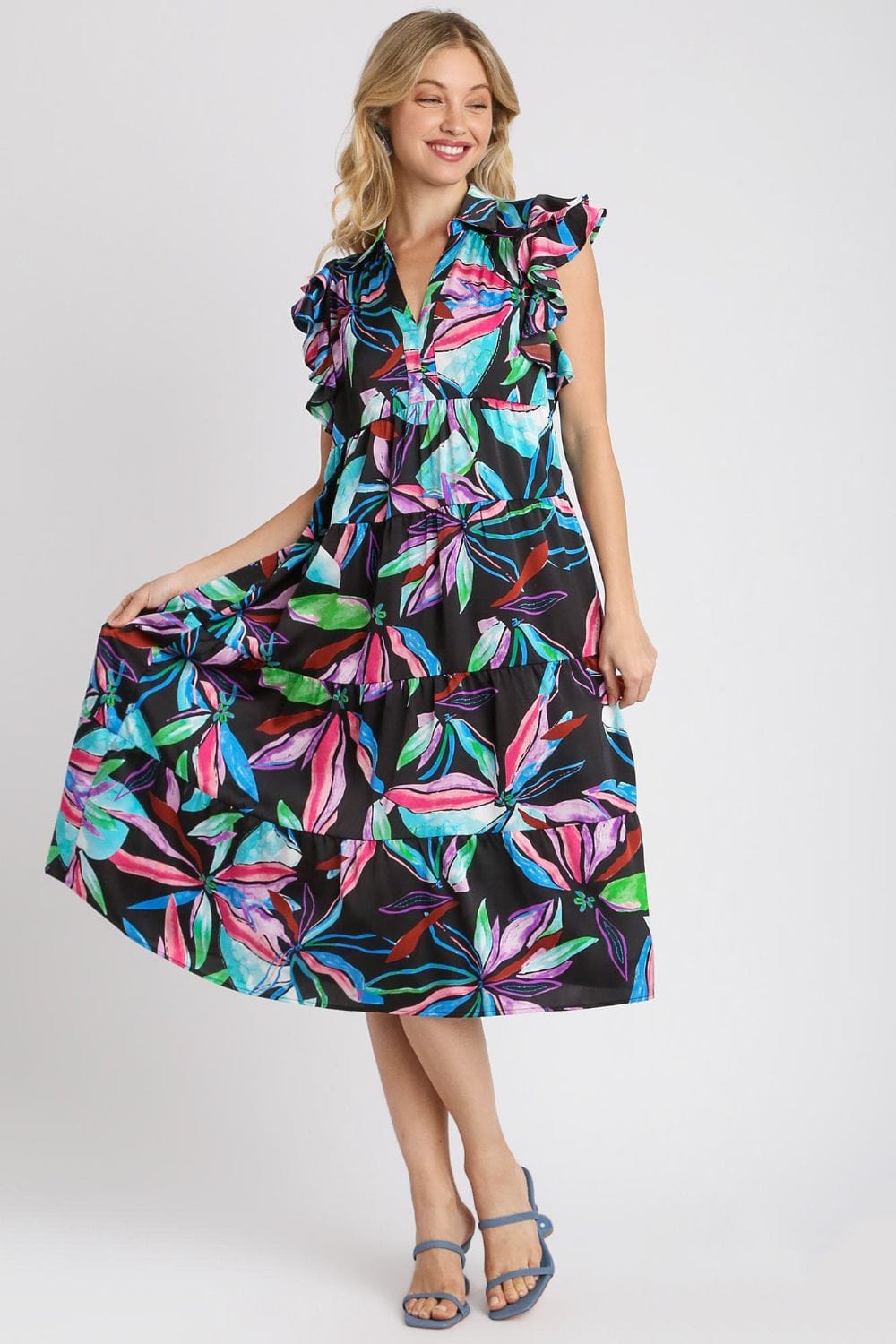 Umgee Full Size Leaf Print Double Layered Ruffle Sleeve Tiered Midi Dress Plus Size - Trendsi