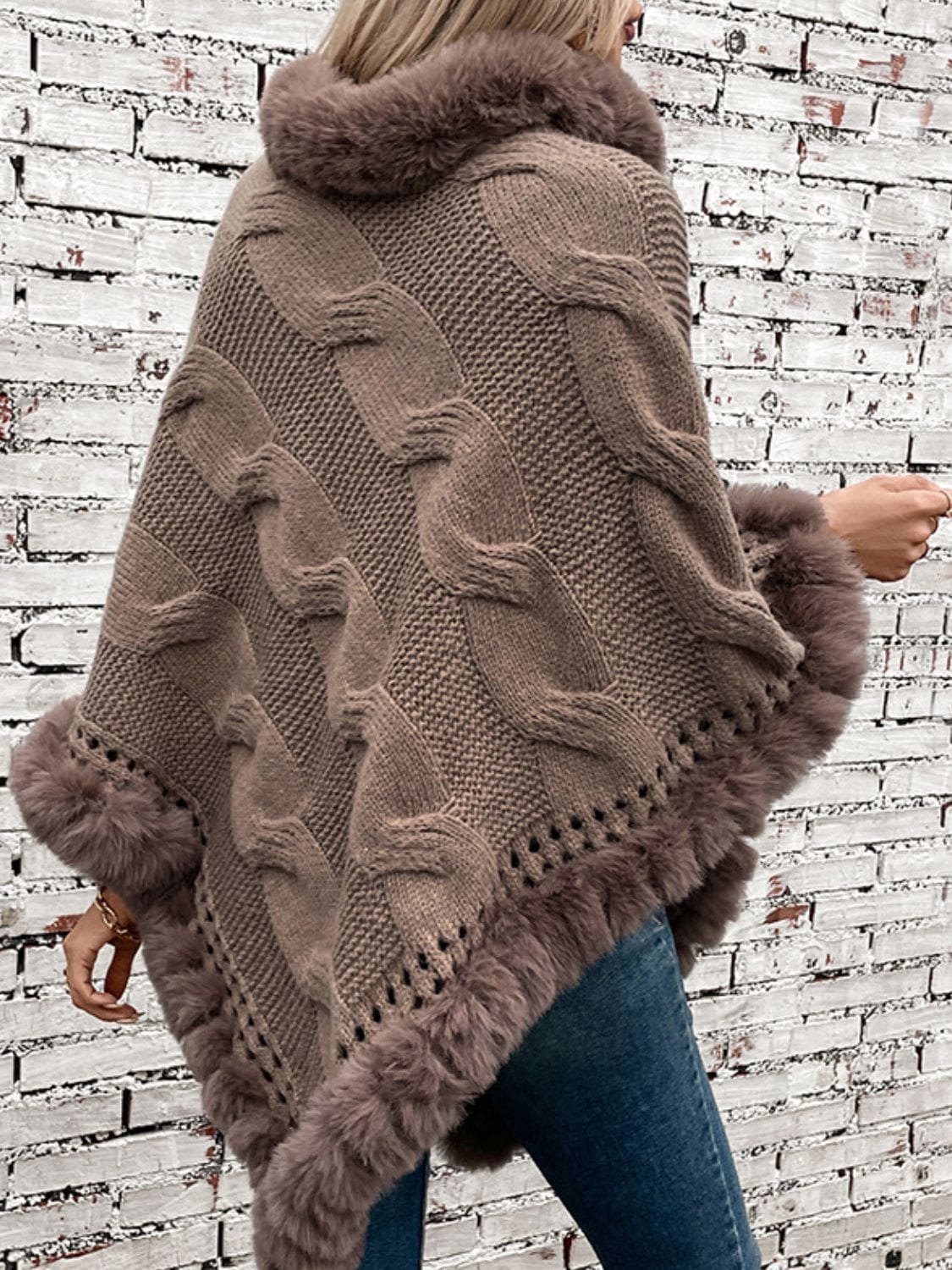 Fuzzy Hem Cable-Knit Poncho - Trendsi