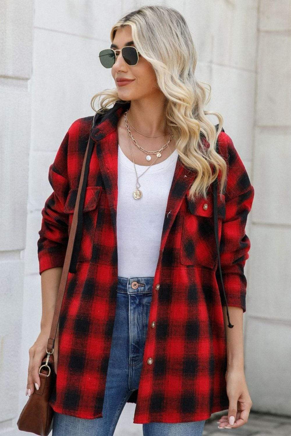 Drawstring Plaid Long Sleeve Hooded Shacket - Trendsi - Flyclothing LLC