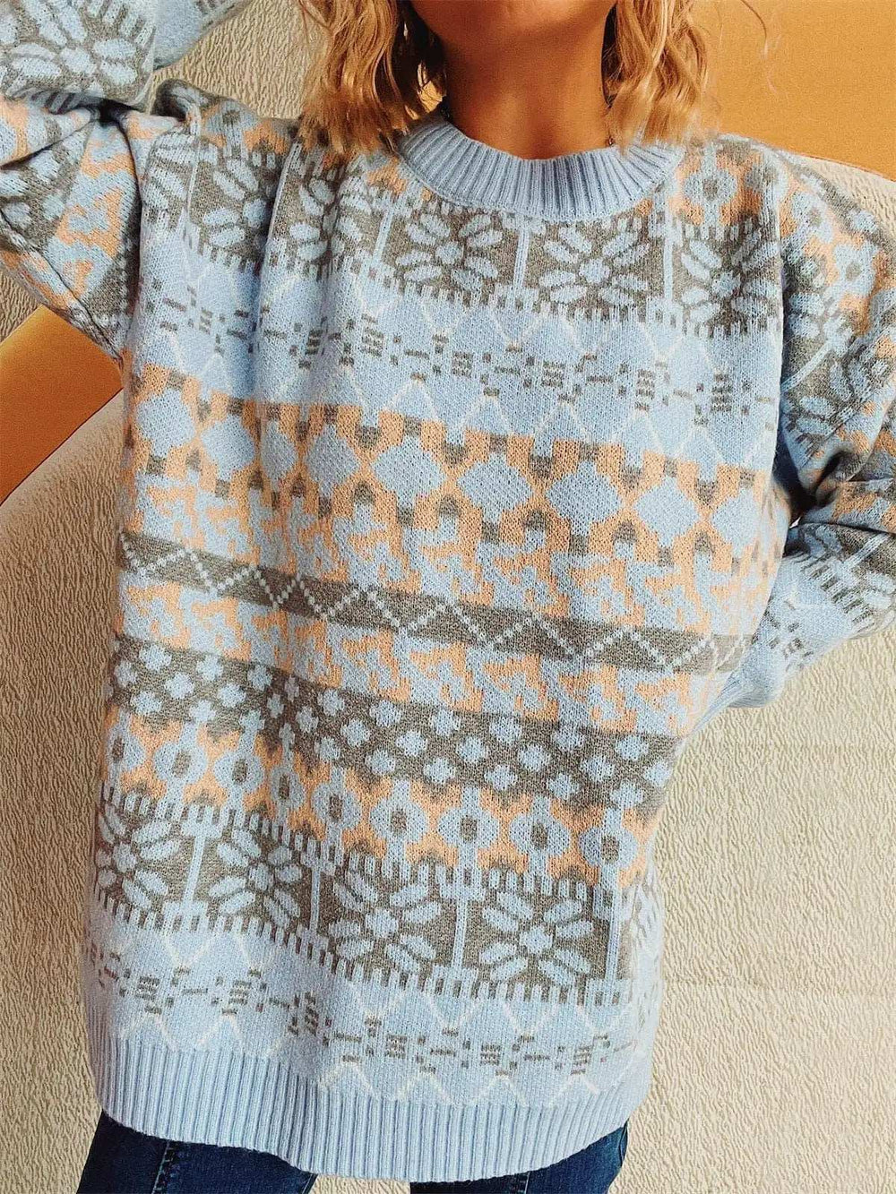 Geometric Round Neck Dropped Shoulder Sweater - Trendsi - Flyclothing LLC