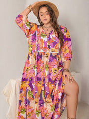 Plus Size Printed Tie Neck Maxi Dress - Trendsi