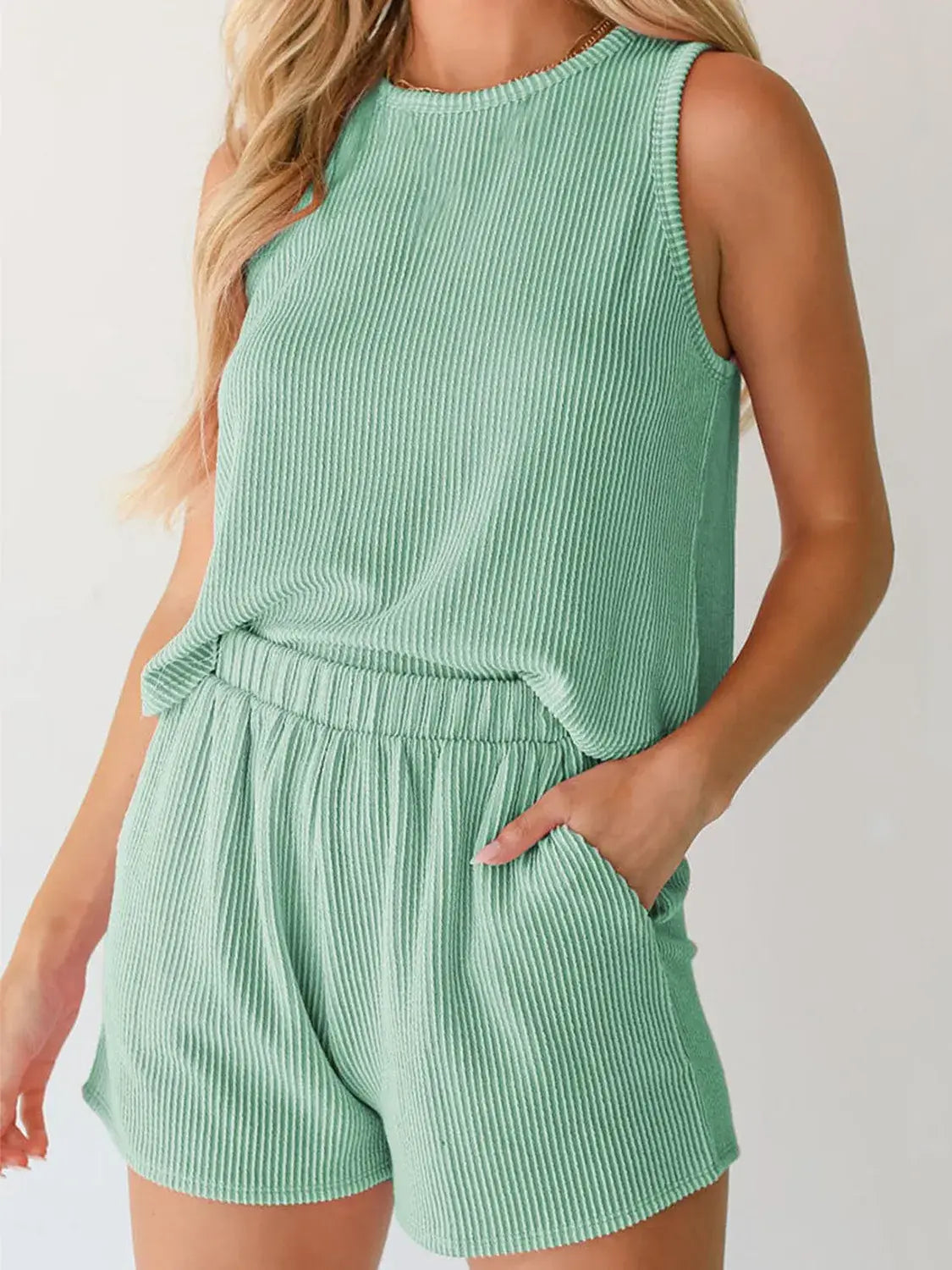 Round Neck Sleeveless Top and Shorts Set - Trendsi - Flyclothing LLC