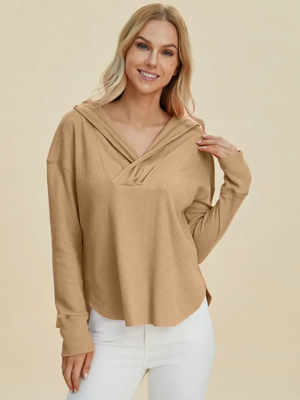 Double Take Full Size High-Low Dropped Shoulder Long Sleeve Hoodie - Trendsi - Flyclothing LLC