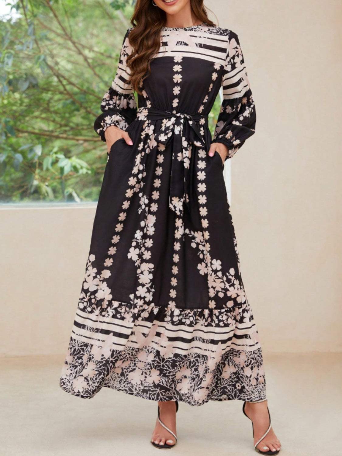 Printed Round Neck Long Sleeve Maxi Dress with Pockets - Trendsi - Flyclothing LLC
