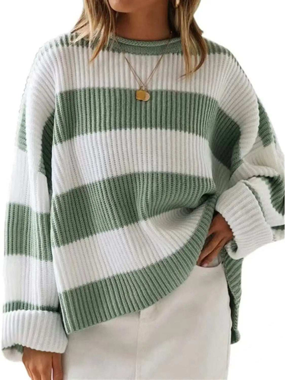 Round Neck Long Sleeve Sweater - Trendsi - Flyclothing LLC