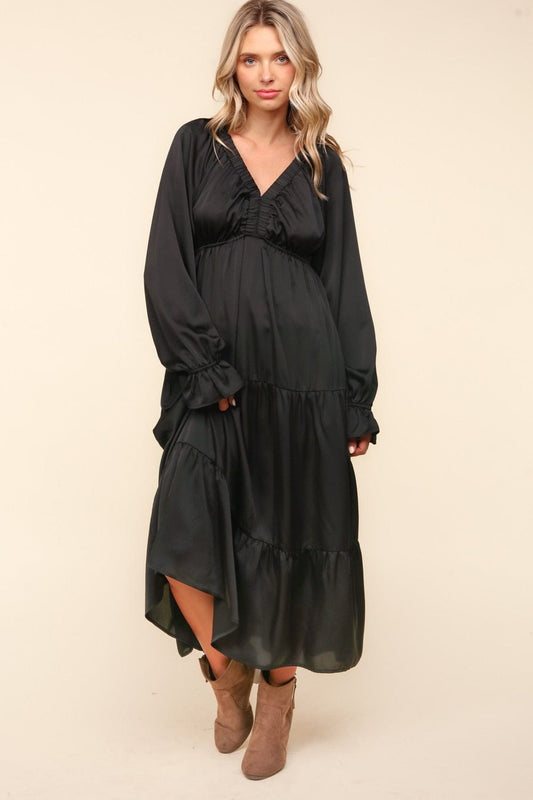 Haptics Flounce Sleeve Tiered Midi Dress with Pockets - Trendsi
