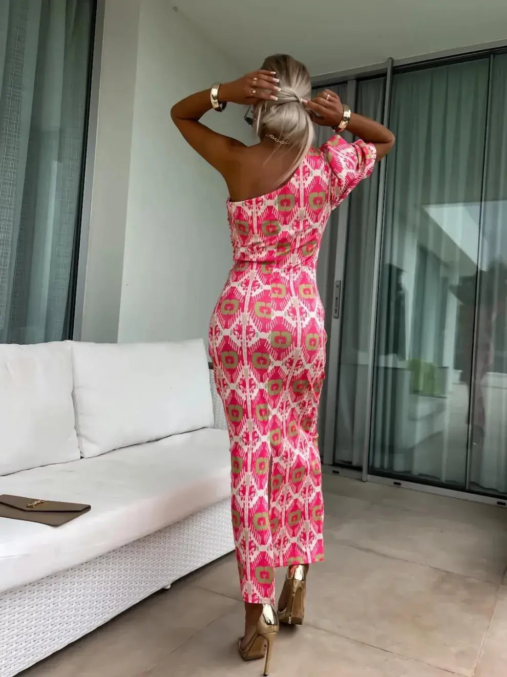 Slit Printed Single Shoulder Midi Dress - Trendsi - Flyclothing LLC