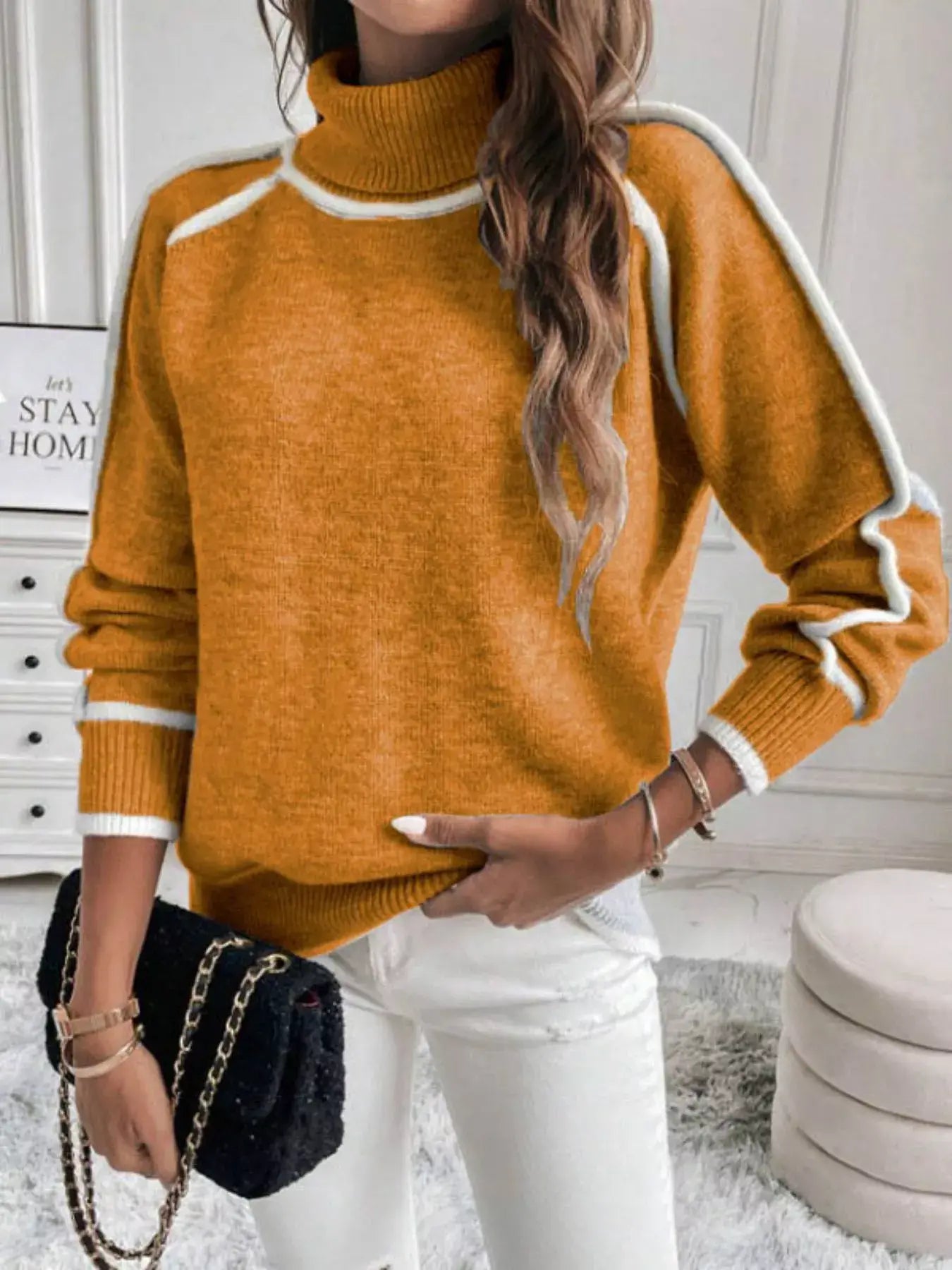 Full Size Turtleneck Contrast Trim Sweater Plus Size - Trendsi - Flyclothing LLC