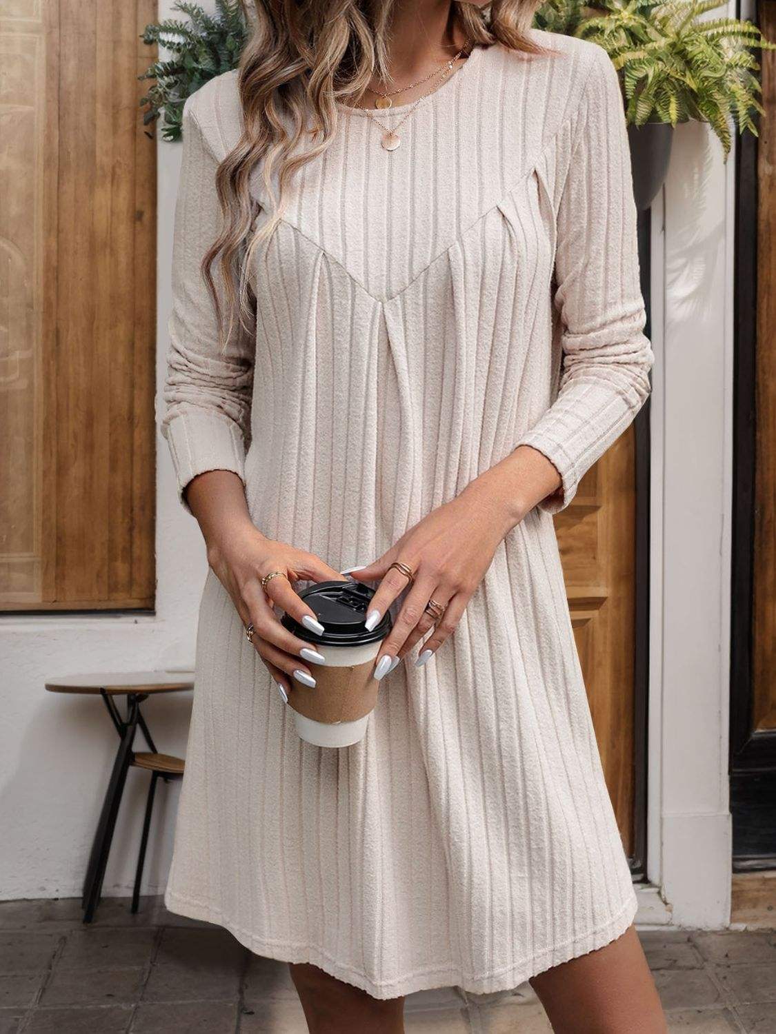 Round Neck Long Sleeve Mini Dress - Trendsi - Flyclothing LLC