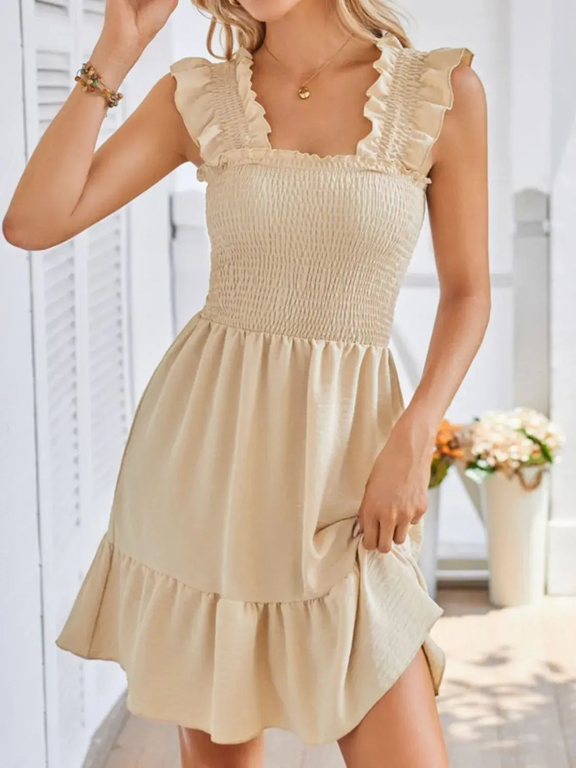 Smocked Square Neck Wide Strap Dress - Trendsi - Flyclothing LLC