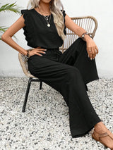 Lace Trim Round Neck Top and Pants Set - Trendsi - Flyclothing LLC