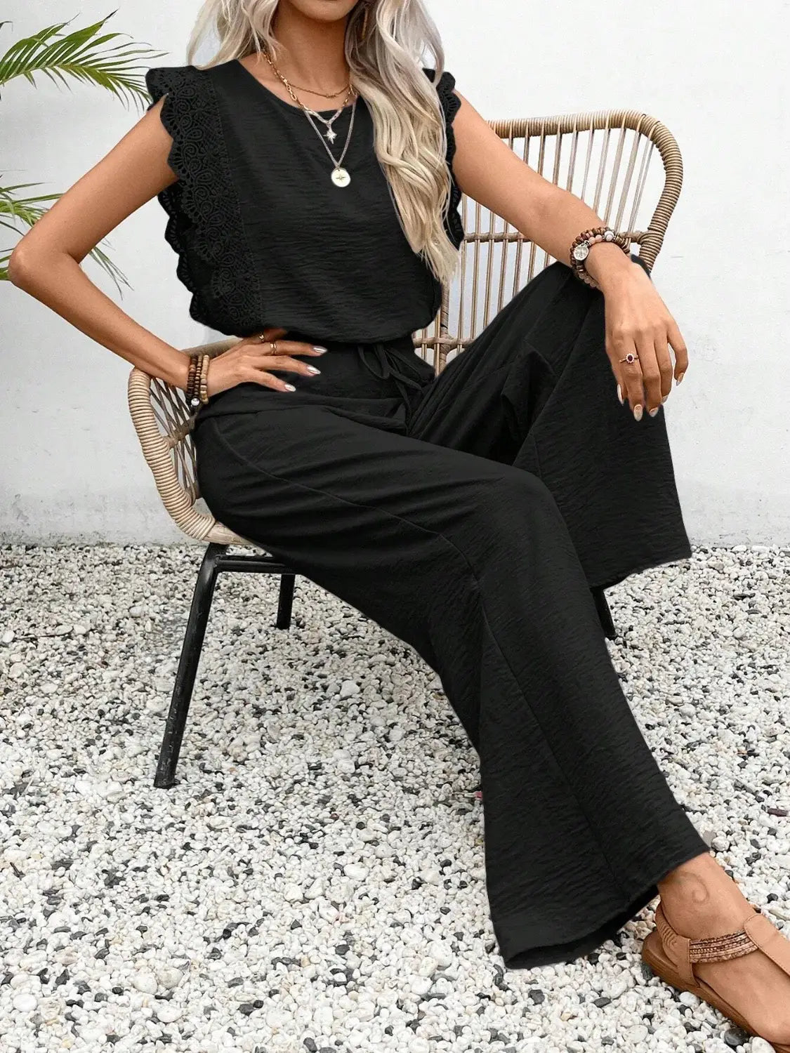 Lace Trim Round Neck Top and Pants Set - Trendsi - Flyclothing LLC