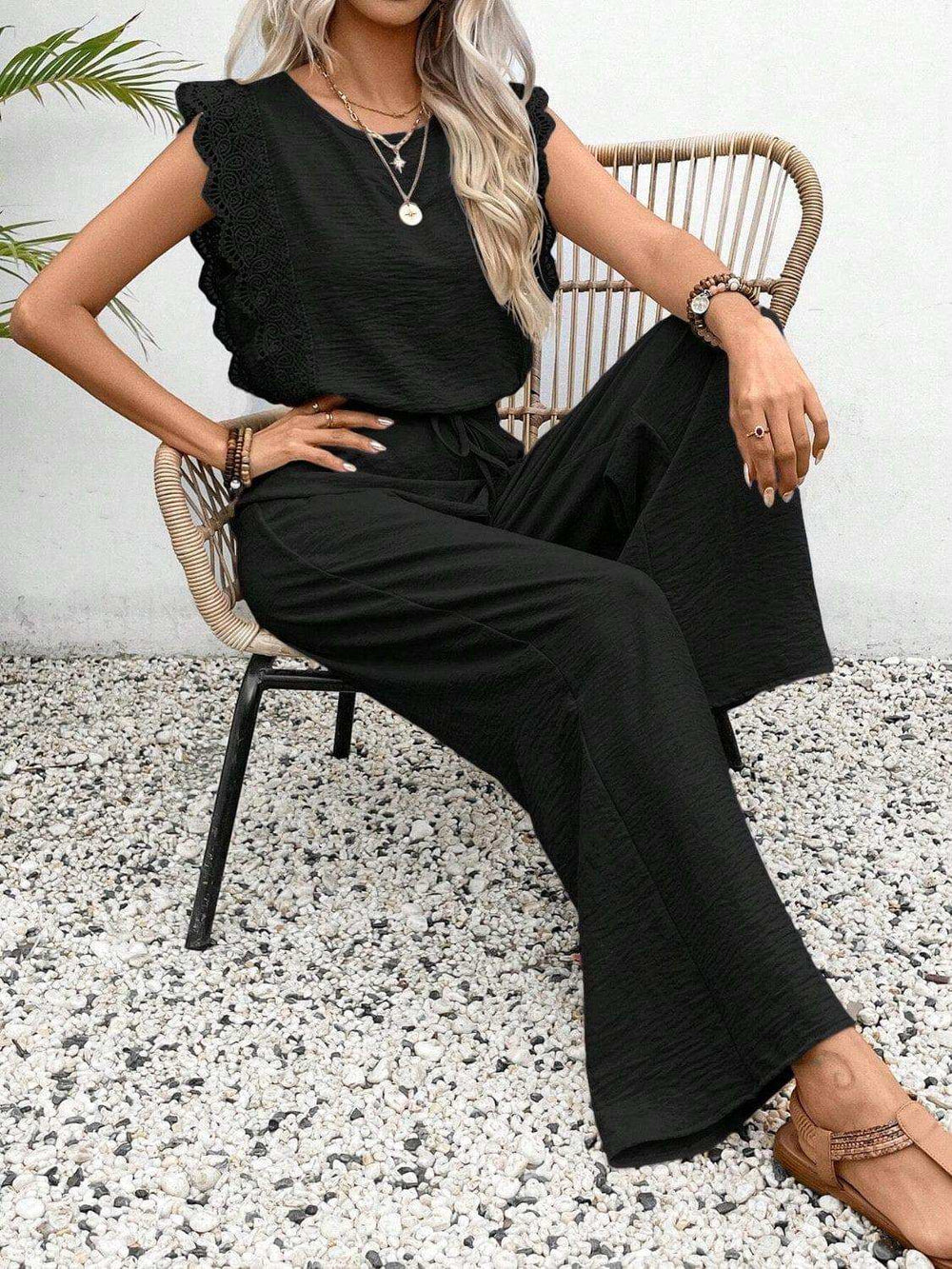 Lace Trim Round Neck Top and Pants Set - Trendsi - Flyclothing LLC