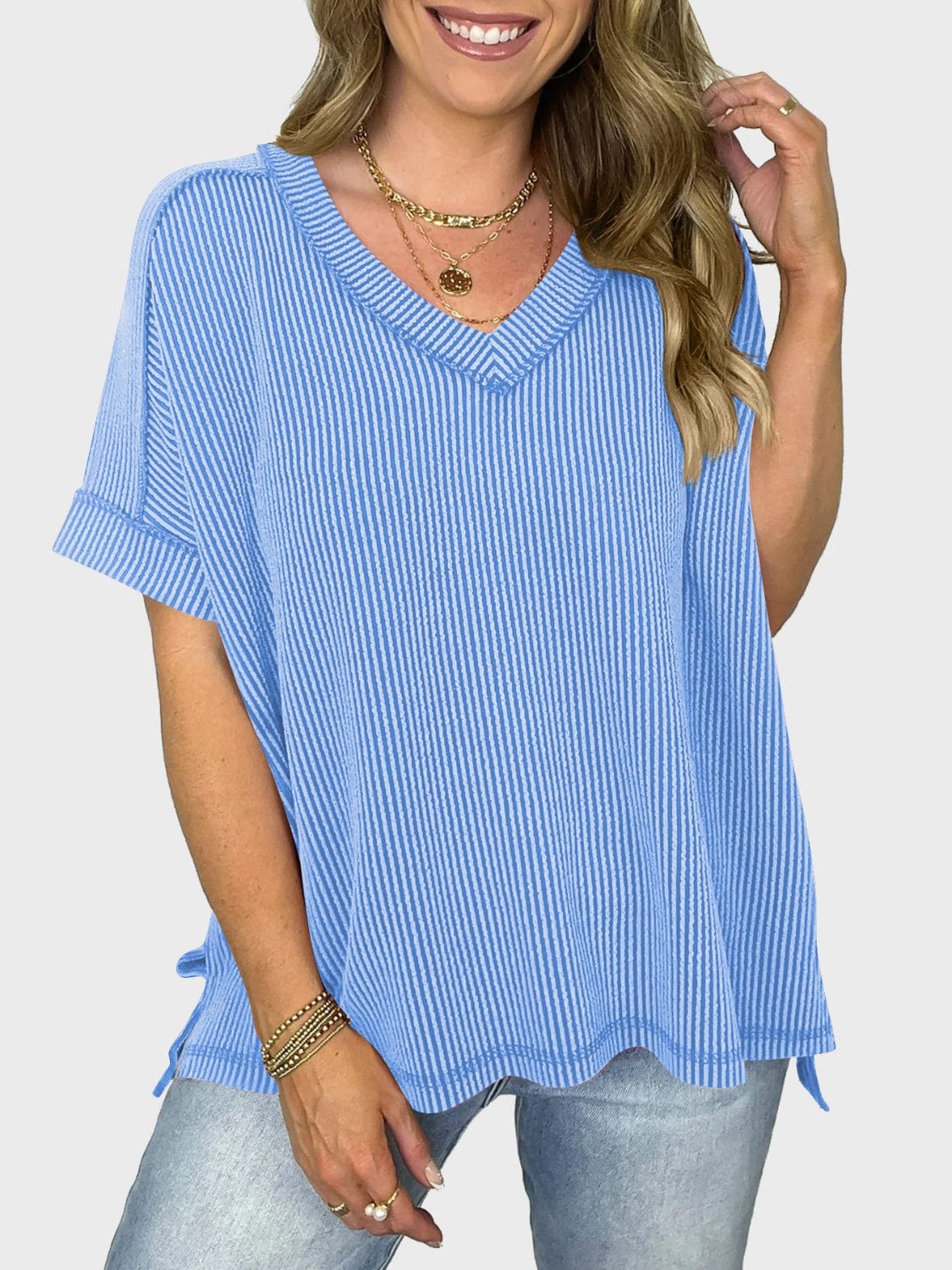 Lovelet Texture V-Neck Half Sleeve T-Shirt - Trendsi