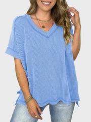 Lovelet Texture V-Neck Half Sleeve T-Shirt - Trendsi